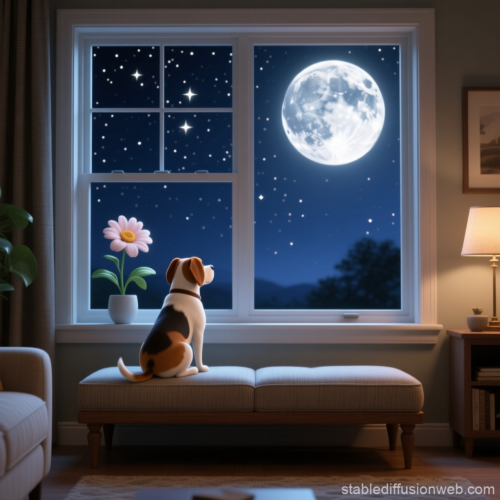 Dog Gazing at Full Moon from Cozy Living Room