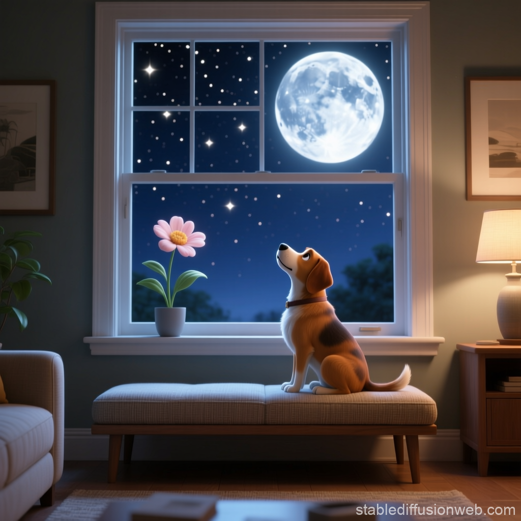 Dog Gazing at the Moon in a Cozy Living Room