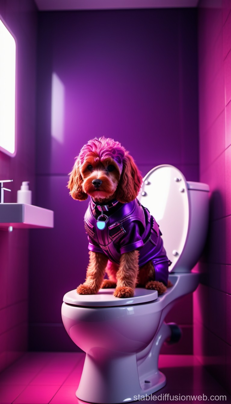 Dog in Futuristic Purple Outfit Sitting on Toilet