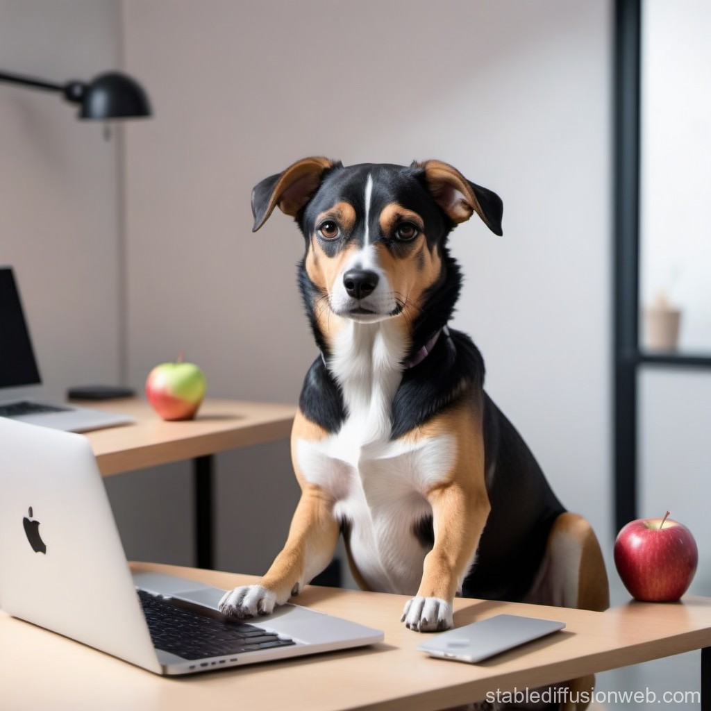 Dog Sitting at Desk with Laptop and Apples