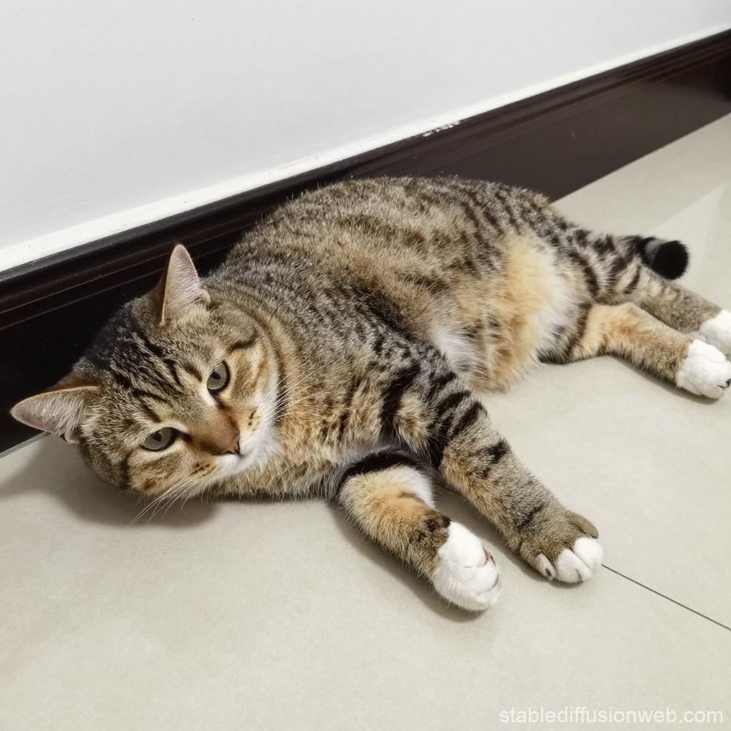 Domestic Tabby Cat Lying on Floor