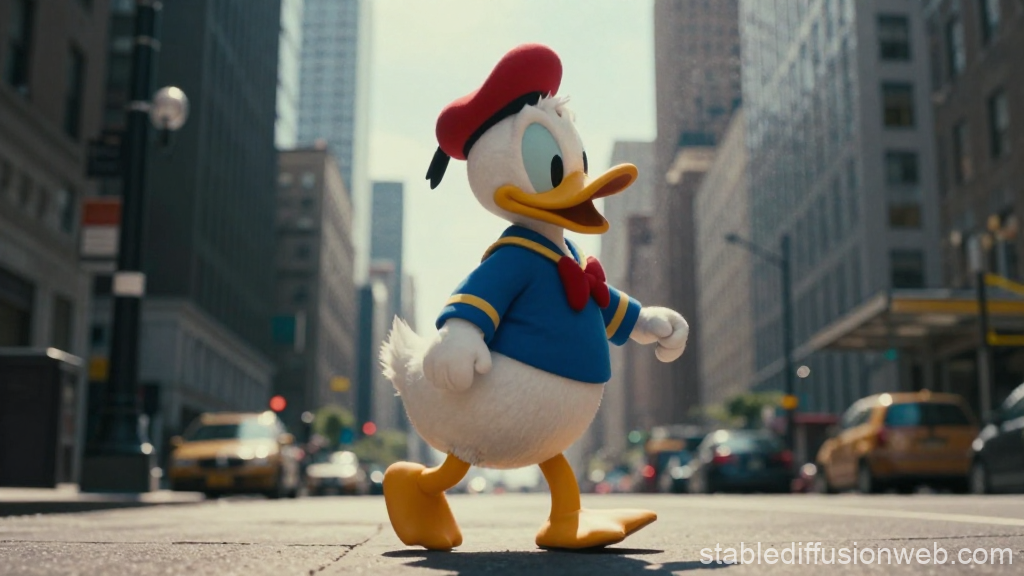 Donald Duck Walking in a Realistic Cityscape