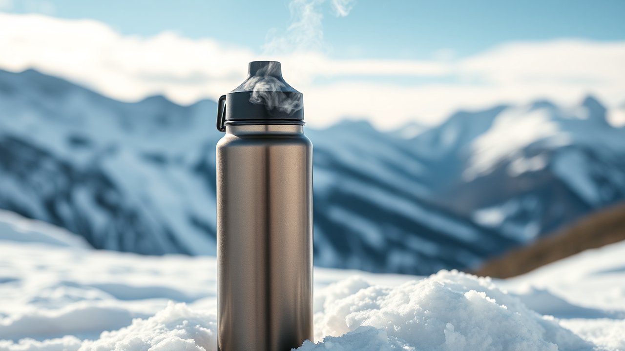 Double Walled Insulated Stainless Steel Bottle in Snowy Mountain