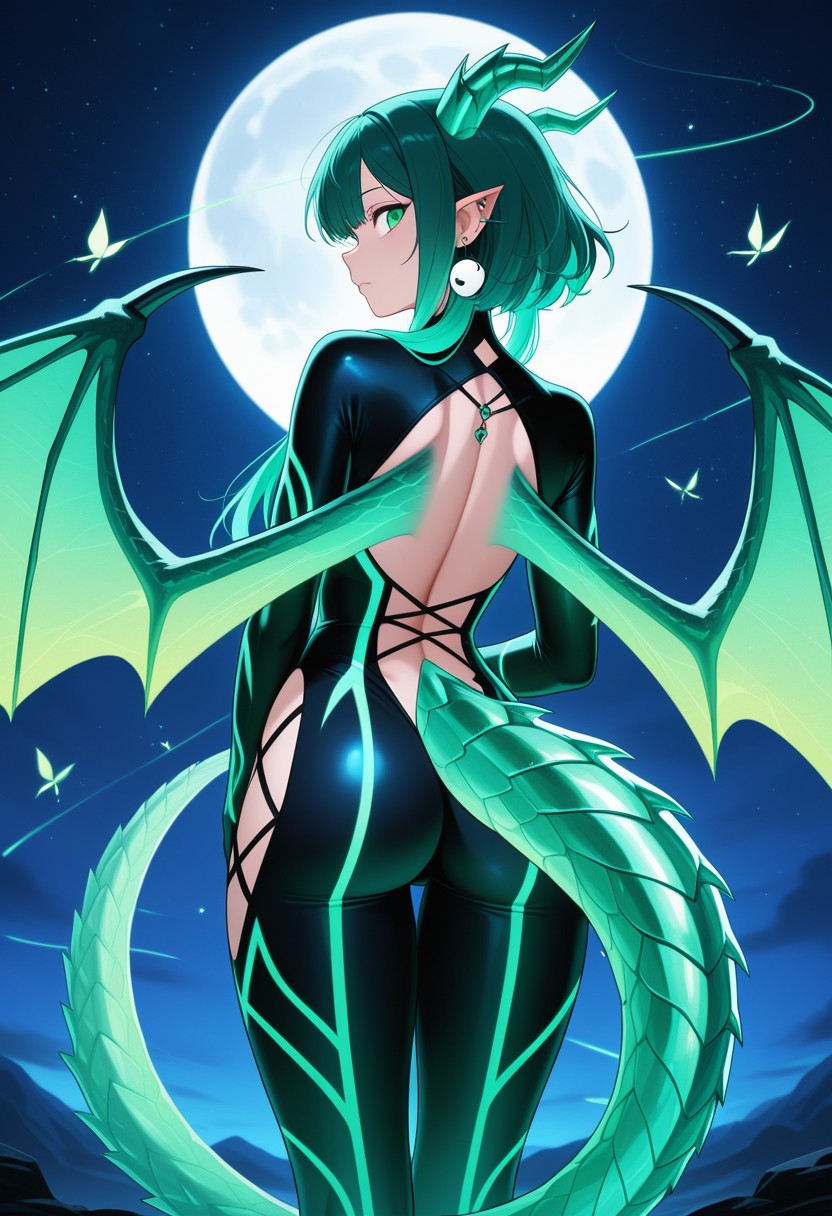 Dragon Girl with Glowing Wings Under Full Moon