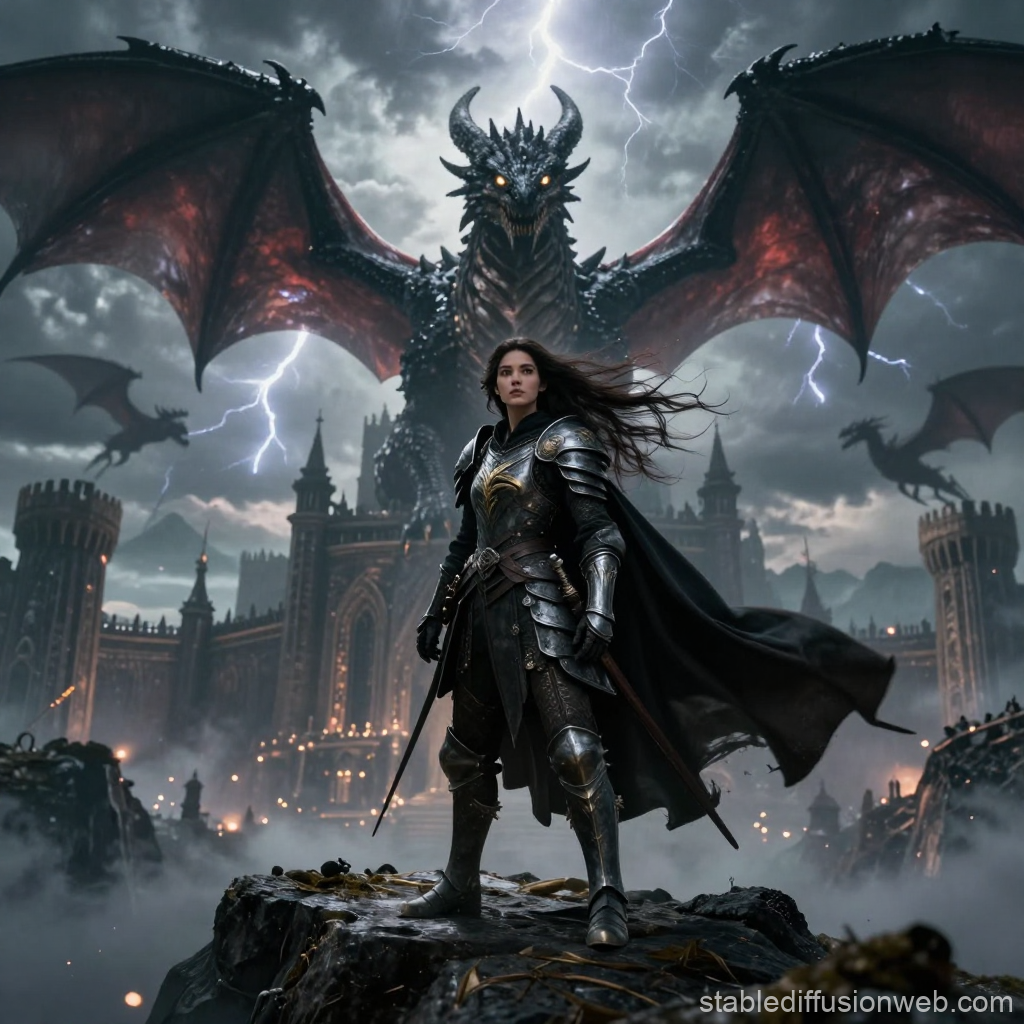 Dragon Rider Standing on Cliff Before Castle