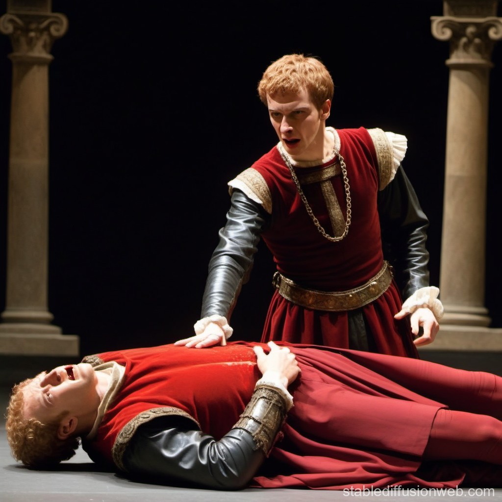 Dramatic Medieval Scene with Two Men in Red Costumes