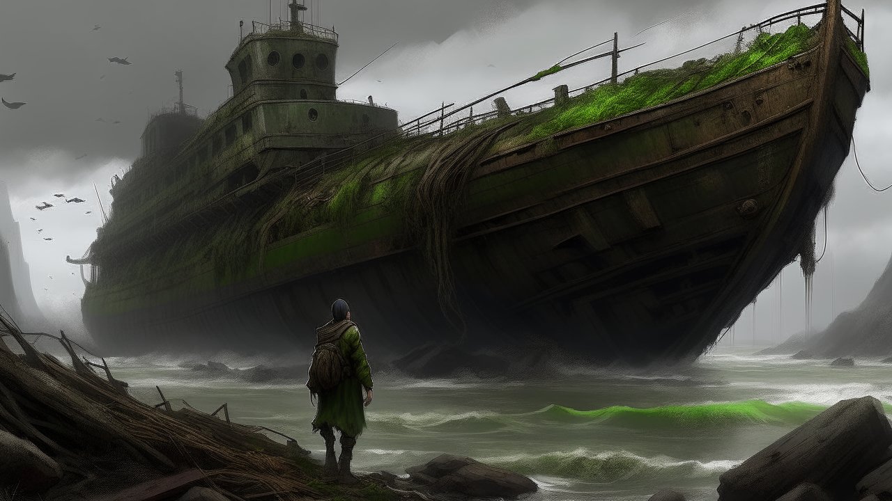 Dramatic Scene of a Lone Figure Facing a Massive Abandoned Ship
