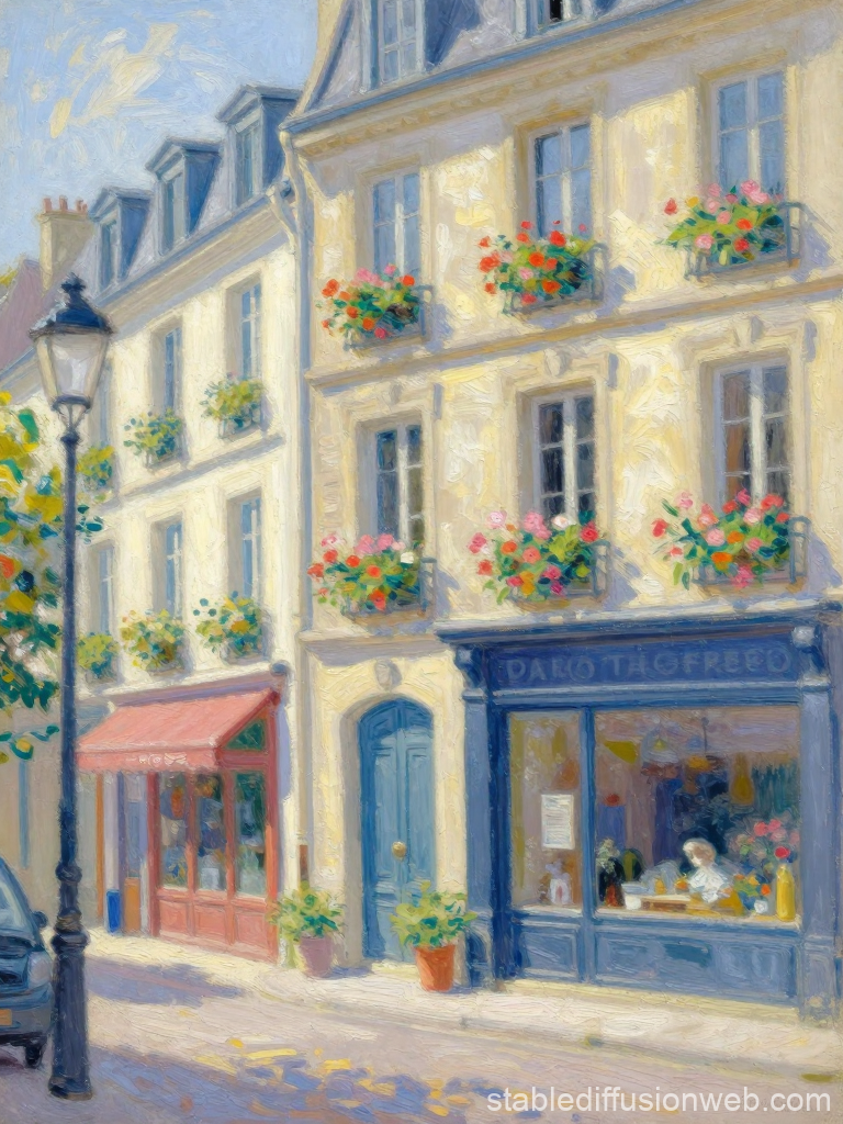 Dreamlike European Street Scene with Flower Boxes