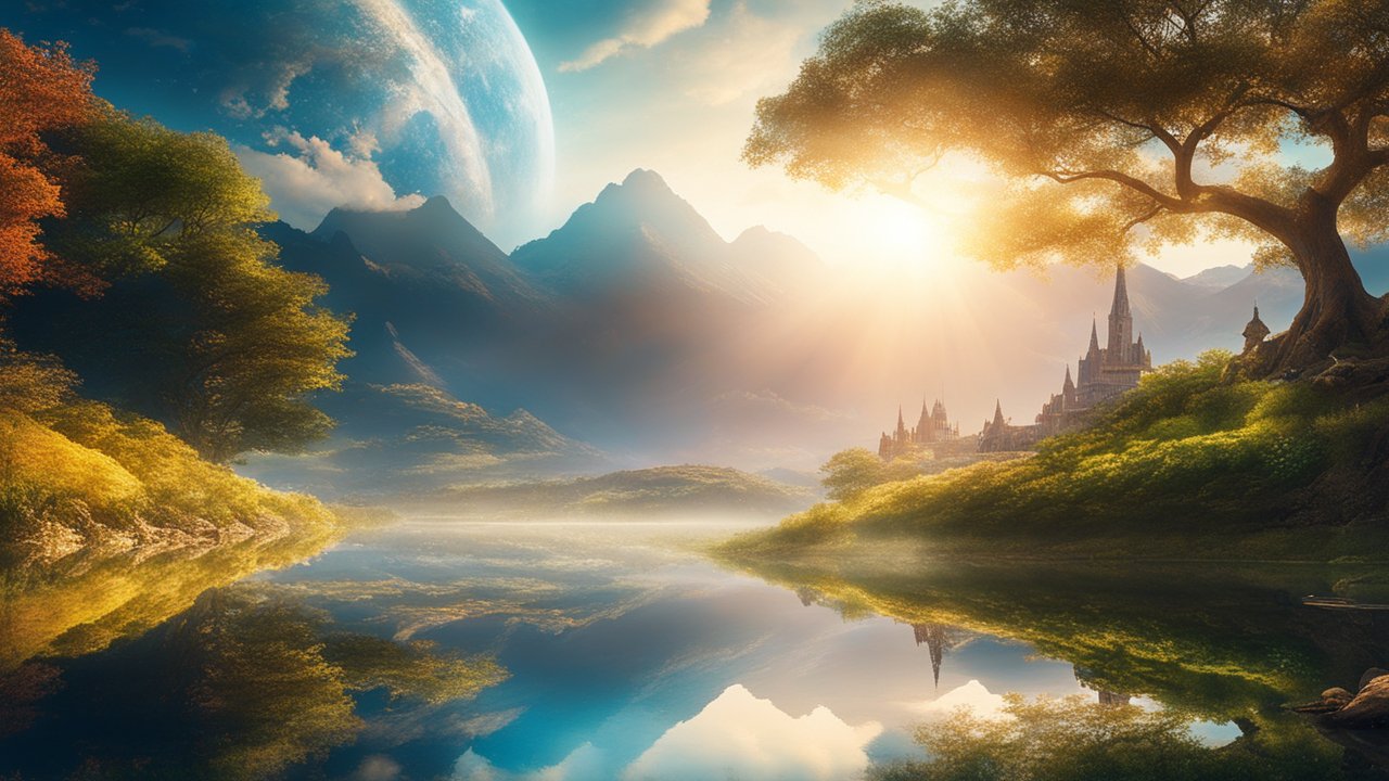 Dreamlike Fantasy Landscape with Castle and Giant Planet