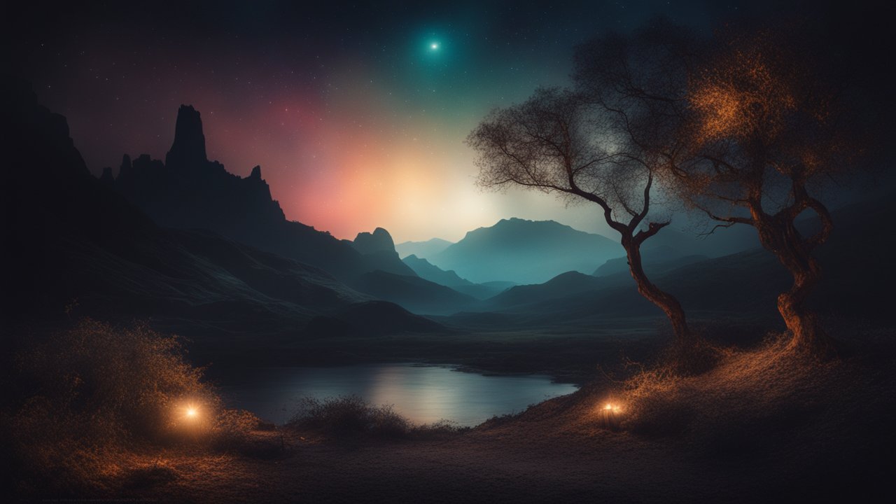 Dreamlike Night Landscape with Glowing Trees and Mountains