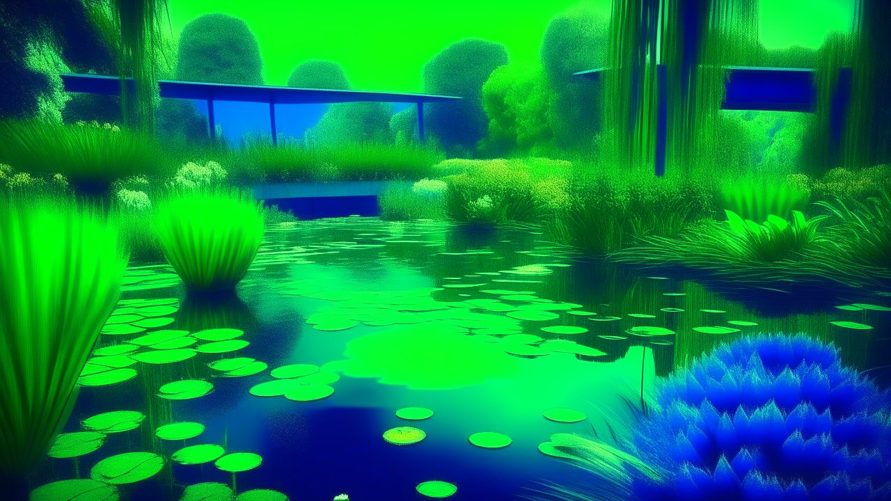 Dreamlike Pond with Lush Greenery and Modern Structure