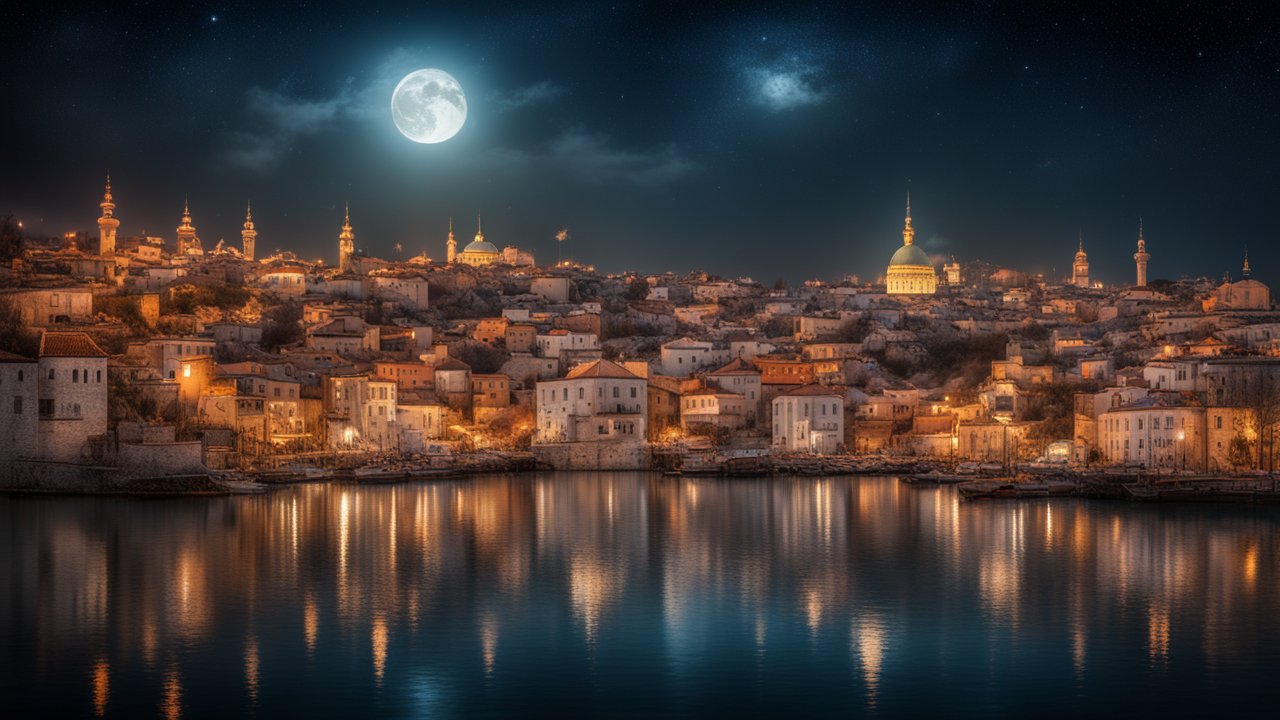 Dreamlike Turkish Cityscape at Night with Full Moon