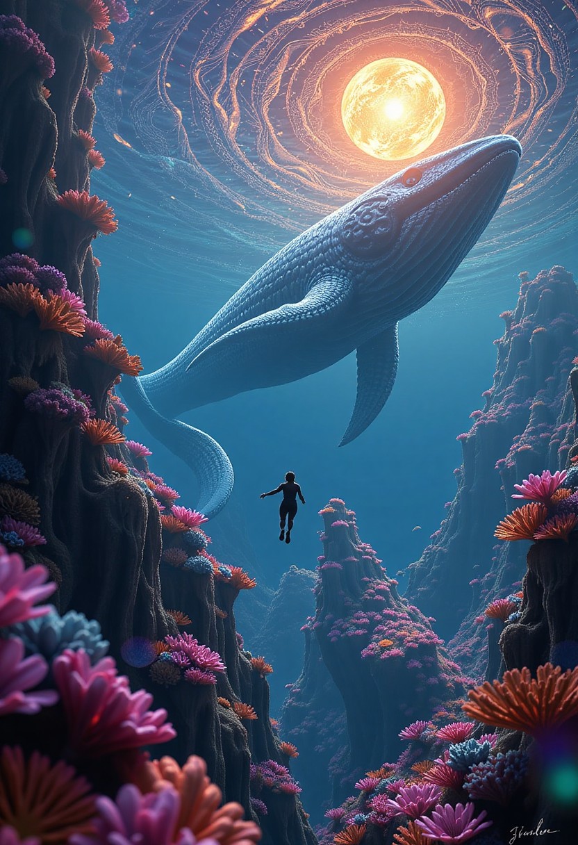 Dreamlike Underwater Encounter with Giant Whale