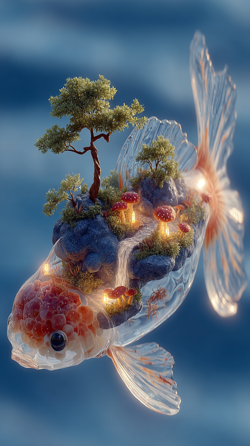 Dreamlike Underwater Fantasy Fish with Miniature Landscape