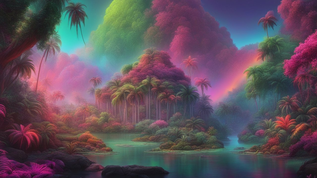 Dreamscape Tropical Jungle with Neon Colors and Mist