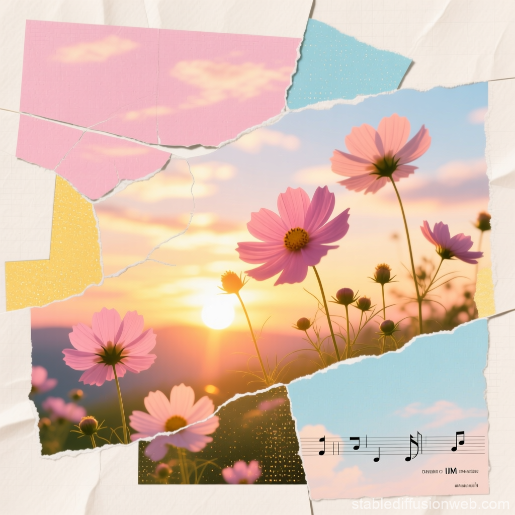 Dreamy Analog Collage of Pink Flowers at Sunset