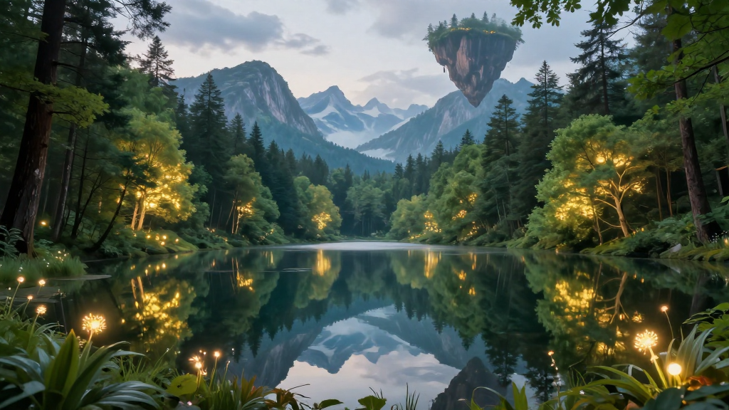 Dreamy Forest Lake with Floating Island at Dusk