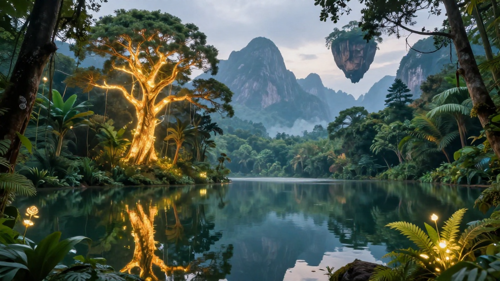 Dreamy Jungle Lake with Glowing Tree and Floating Rock