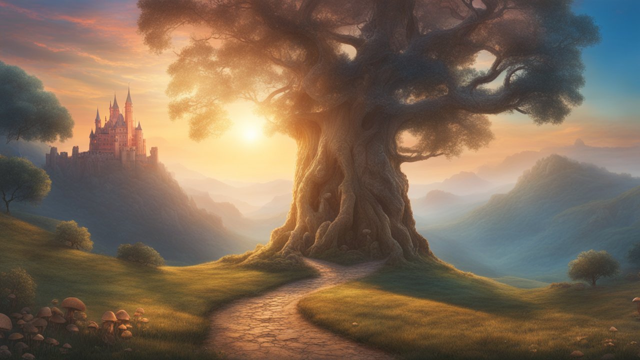 Dreamy Landscape with Enchanted Tree and Castle at Sunset