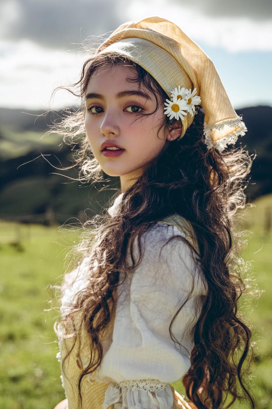 Dreamy Portrait of a Young Woman in a Yellow Headscarf