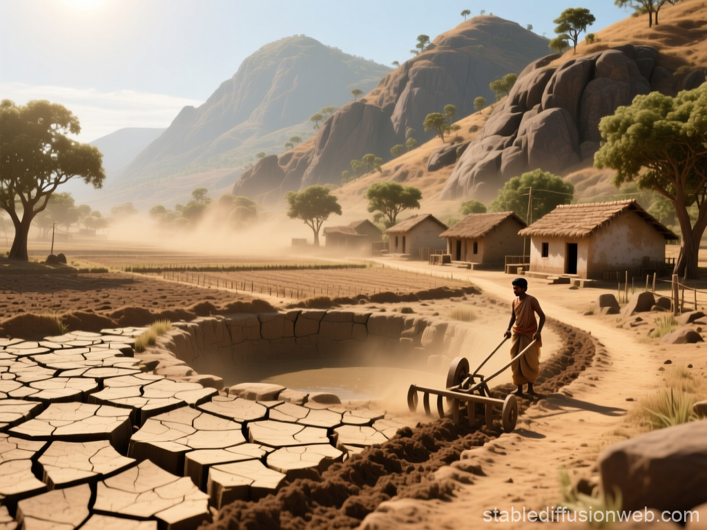 Drought-Stricken Village with Farmer Tilling Dry Land