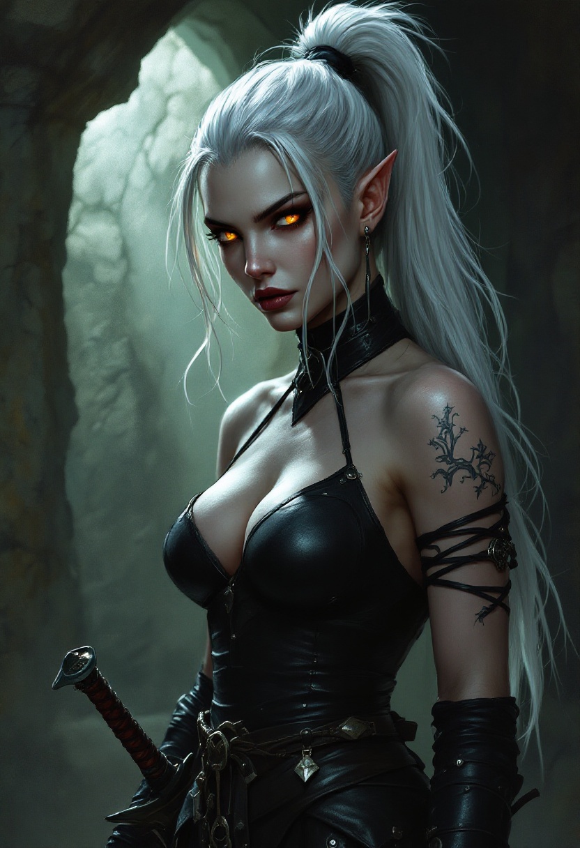 Drow Female Monk with Fiery Eyes in Dark Leather Armor