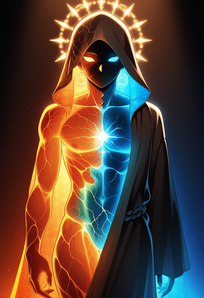 Duality of Fire and Ice in a Hooded Figure