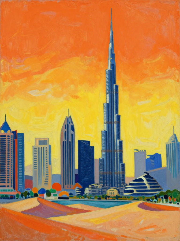 Dubai Skyline with Burj Khalifa at Sunset in Painting Style