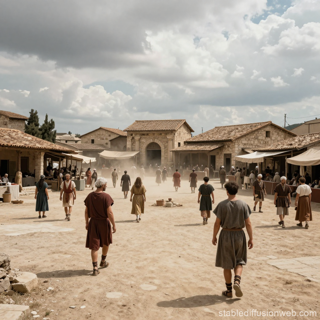 Dusty Roman Market Square with People in Traditional Attire
