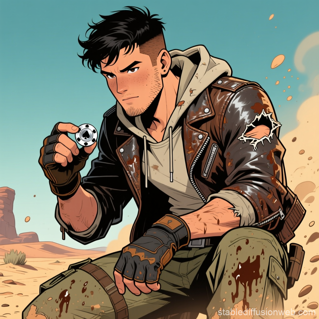 Dusty Survivor Examines Poker Chip in Desert