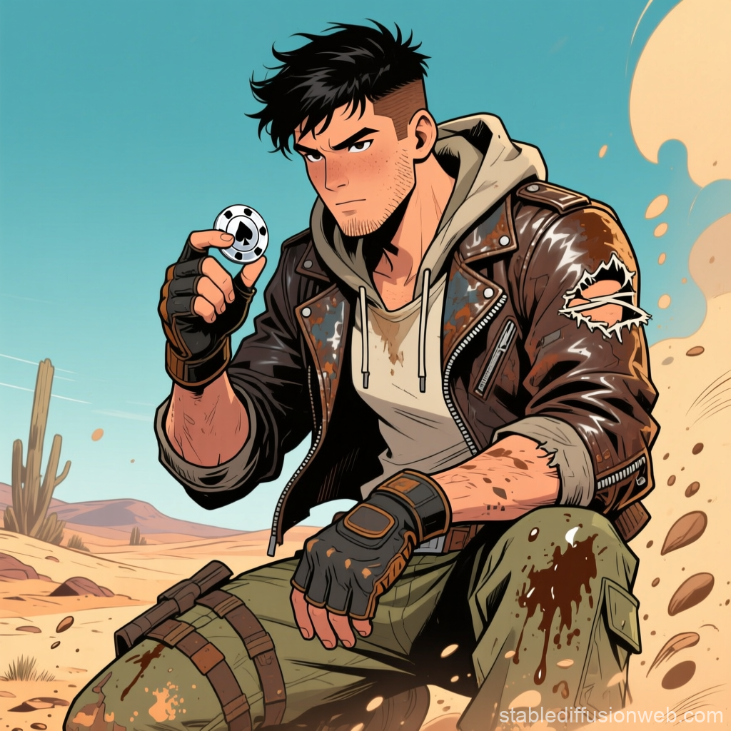 Dusty Survivor Holding a Poker Chip in Desert