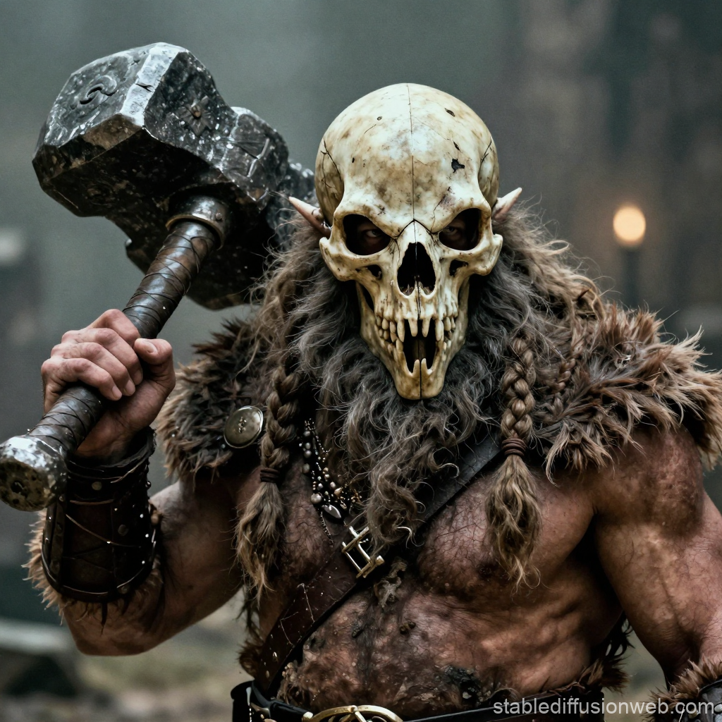 Dwarf Barbarian Wearing Skull Mask with Massive Hammer