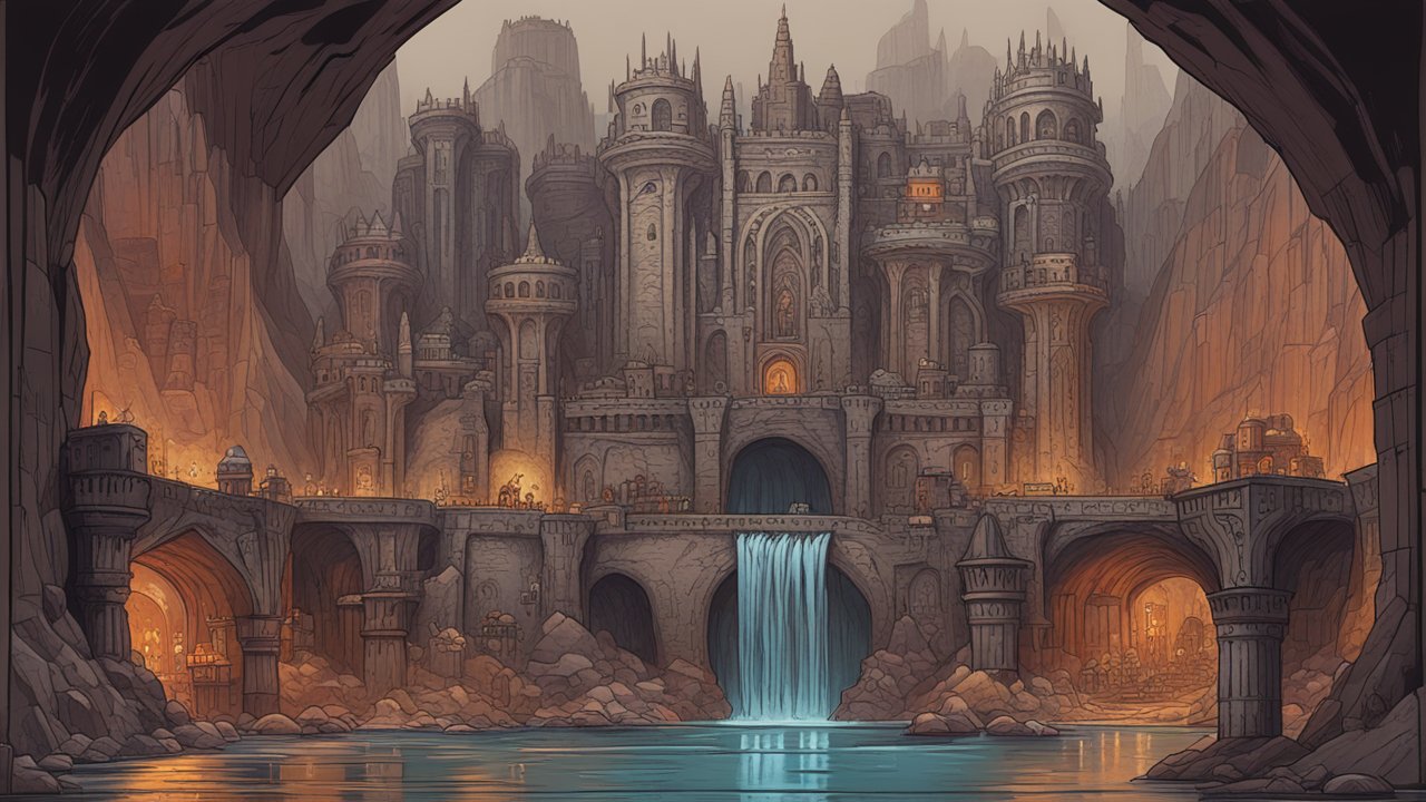 Dwarven City Carved into Mountain with Waterfall