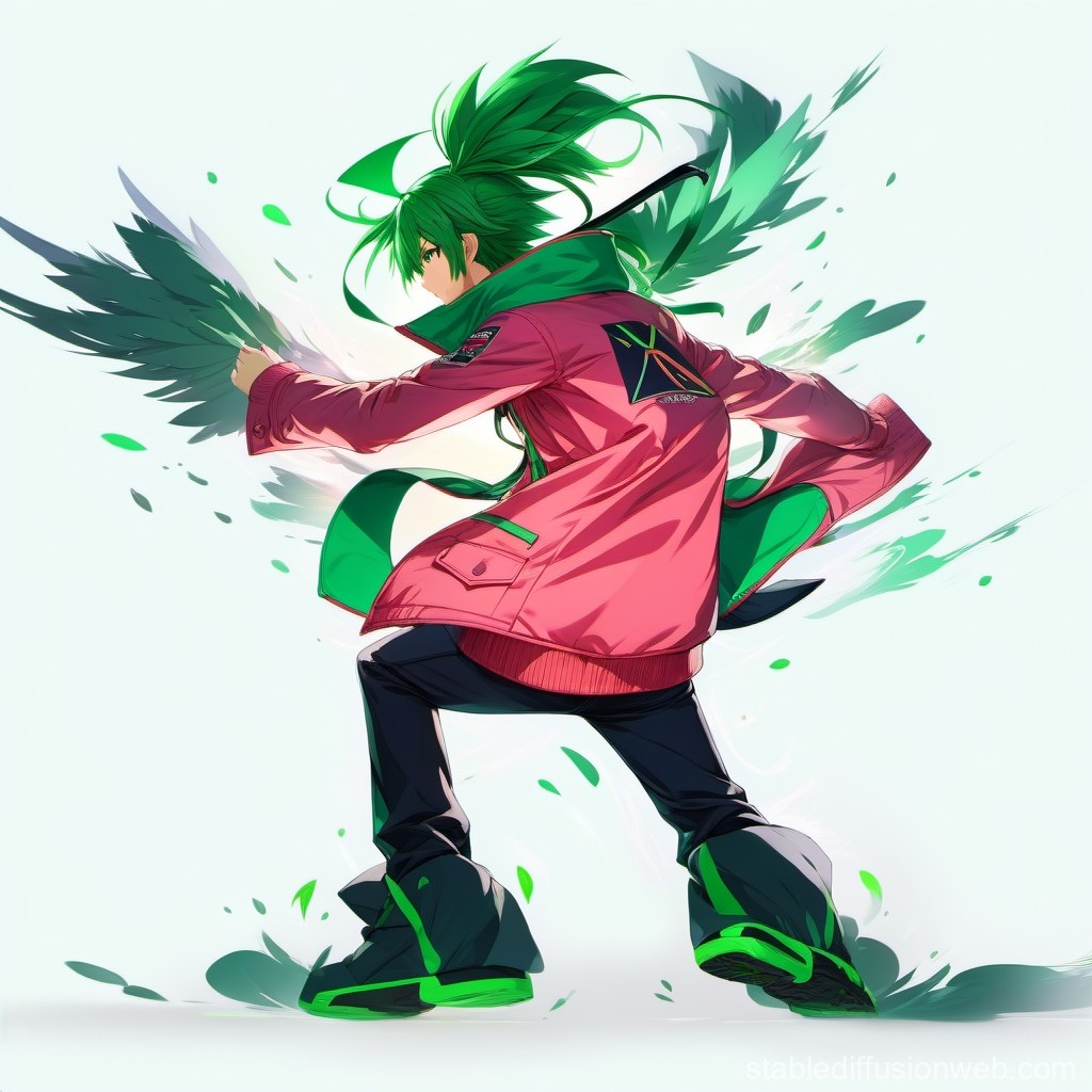 Dynamic Anime Character with Green Hair and Wings