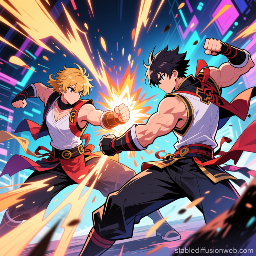 Dynamic Anime Fighter Combat Scene with Explosive Impact
