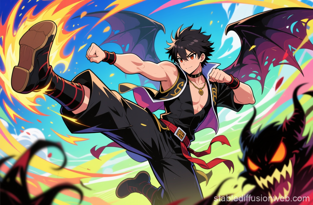 Dynamic Anime Fighter Kicking Fiery Demon