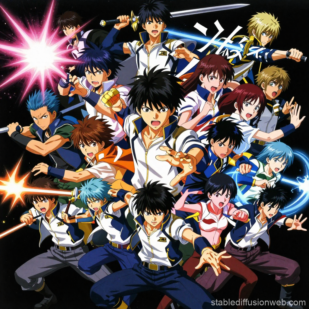 Dynamic Anime Heroes Battle Scene with Energetic Poses