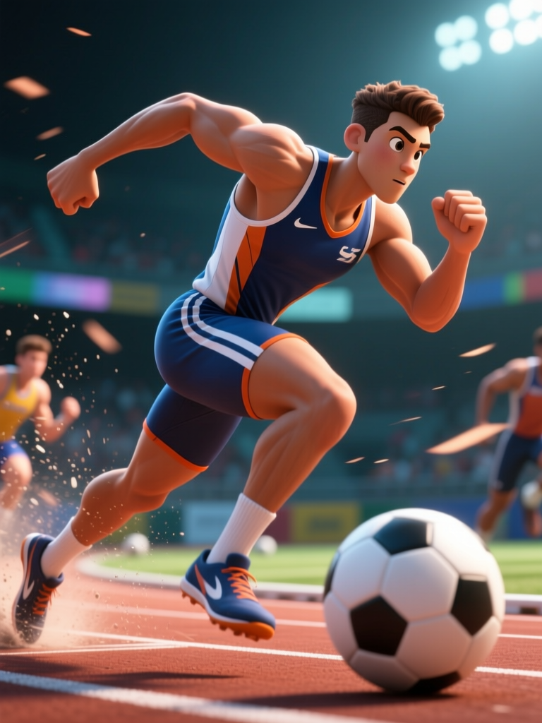 Dynamic Athlete Sprinting on Track with Soccer Ball