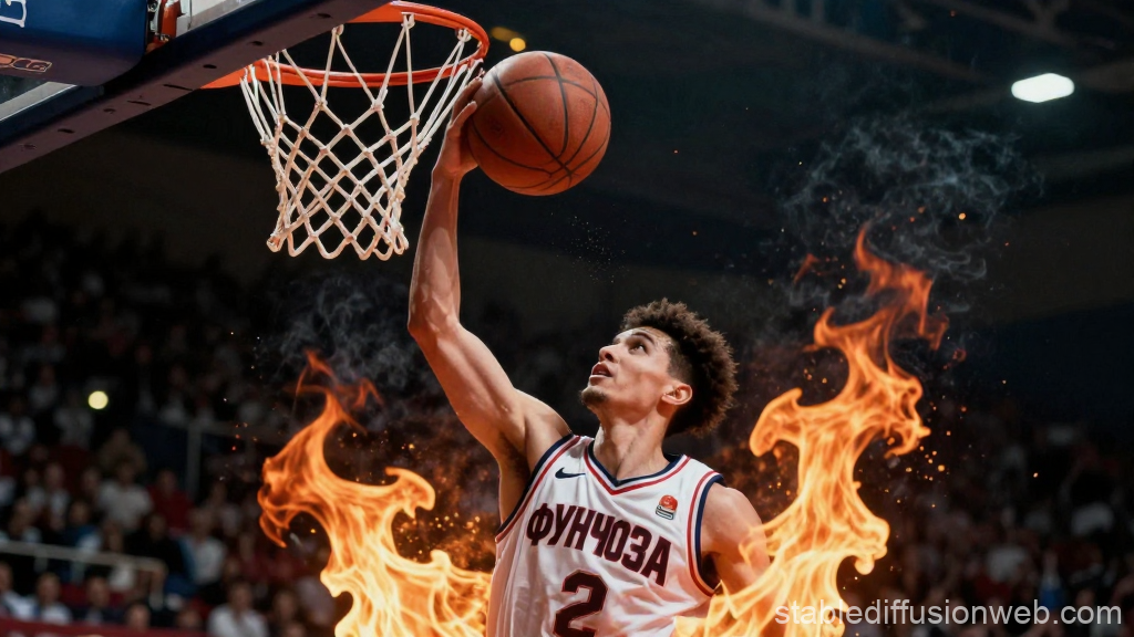 Dynamic Basketball Slam Dunk with Fiery Effects