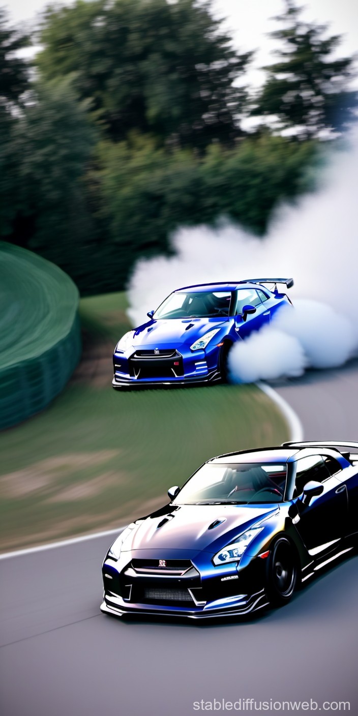 Dynamic Blue Nissan GT-Rs Racing on Track