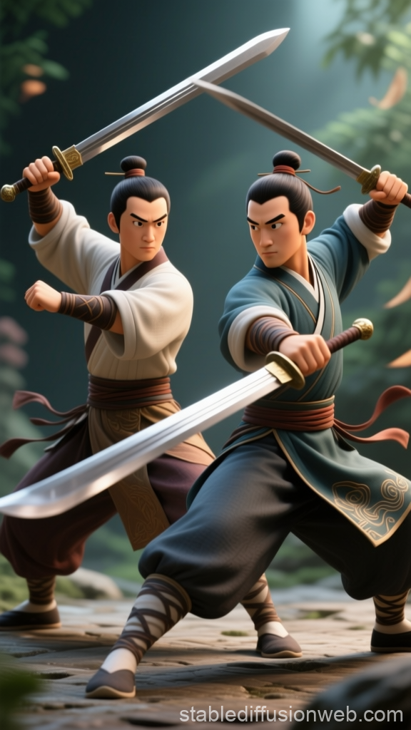 Dynamic Duel of Chinese Swordmasters in Traditional Attire