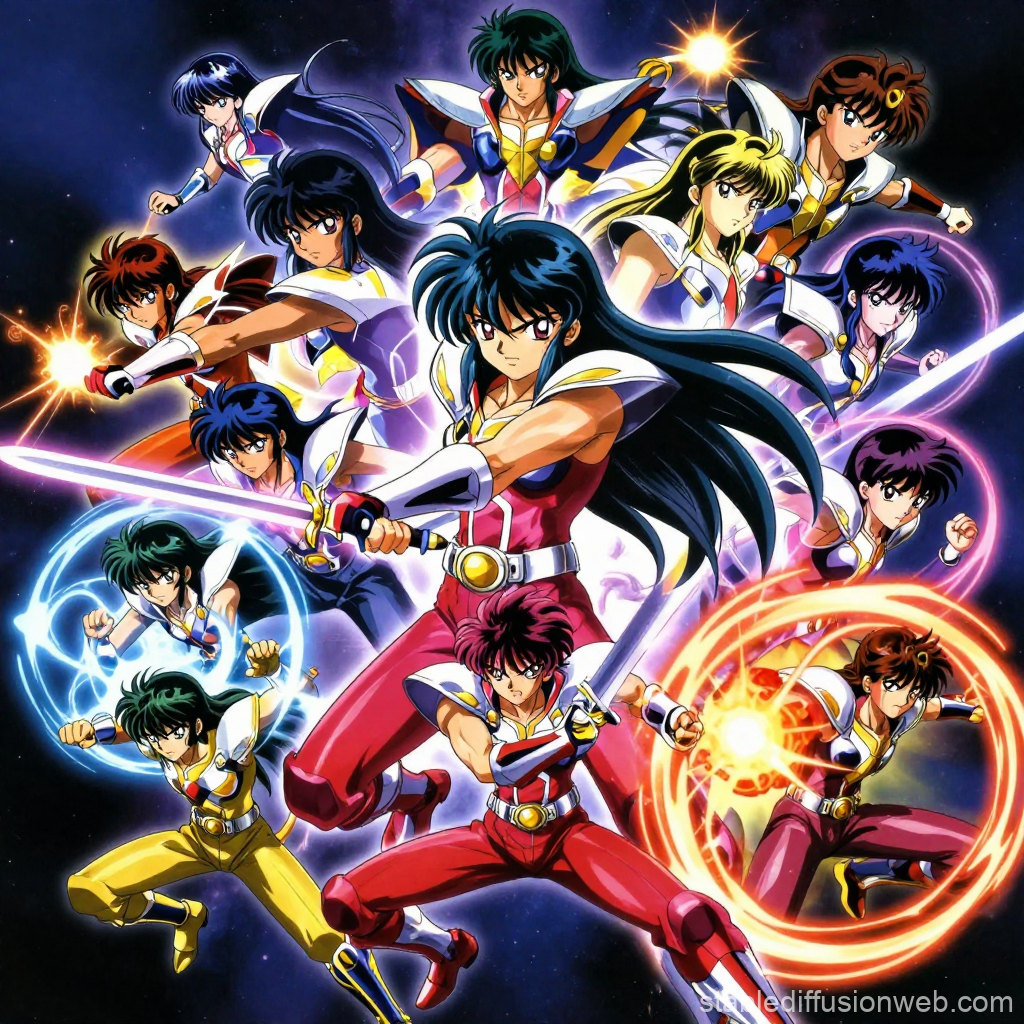 Dynamic Group of Anime Heroes in Action