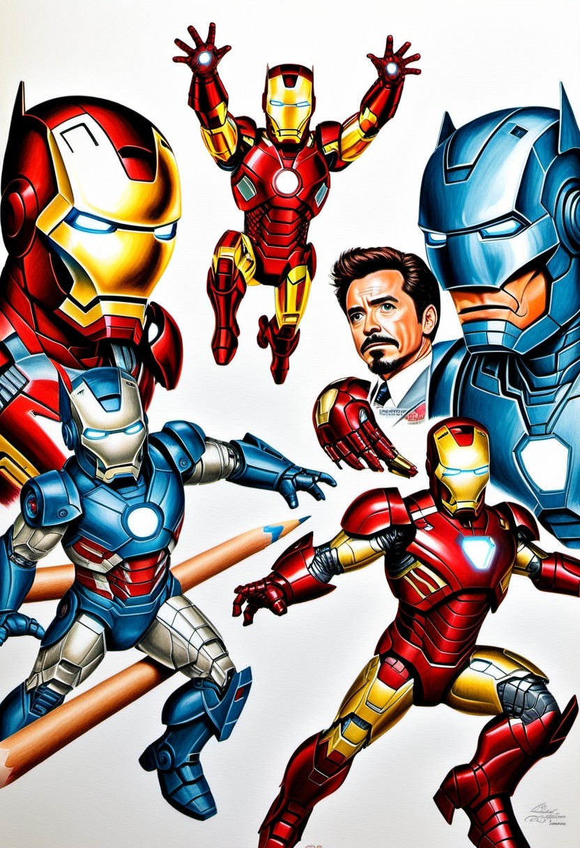 Dynamic Illustration of Iron Man Armors and Tony Stark