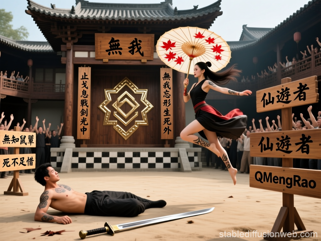 Dynamic Martial Arts Duel in Traditional Asian Arena