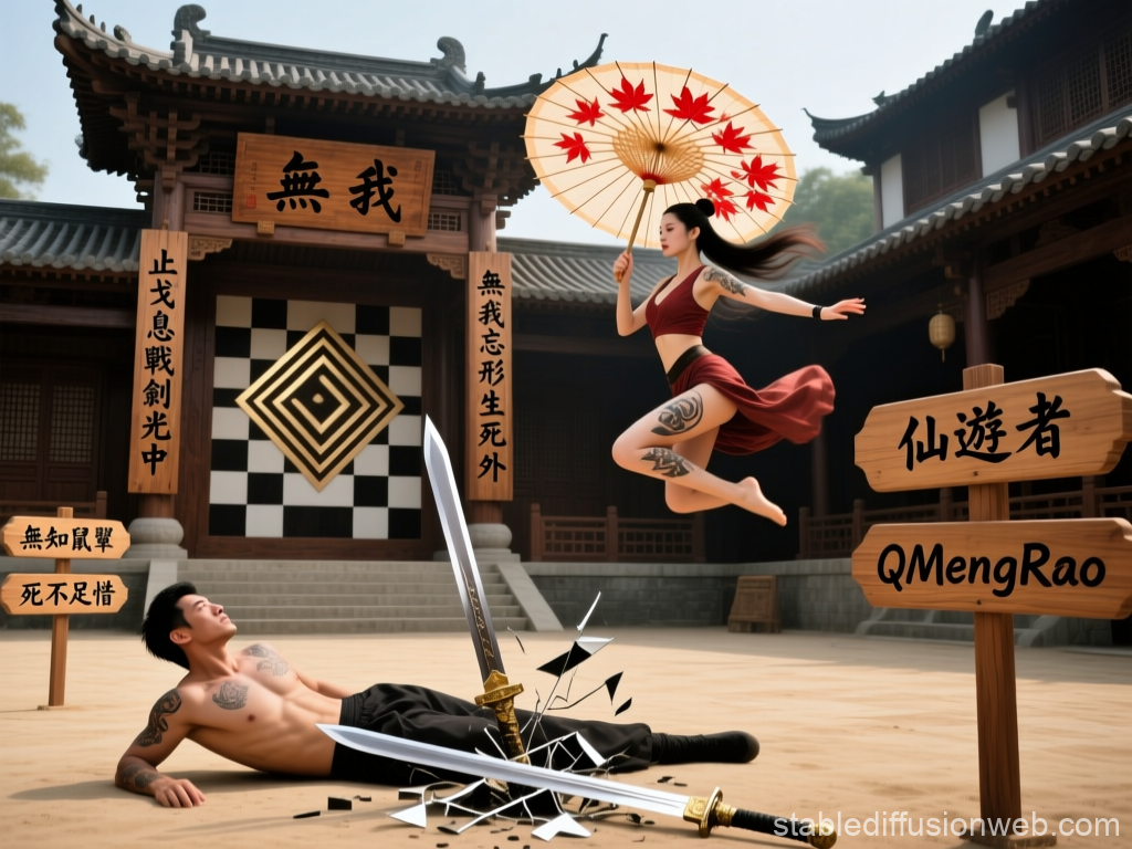 Dynamic Martial Arts Duel in Traditional Asian Courtyard