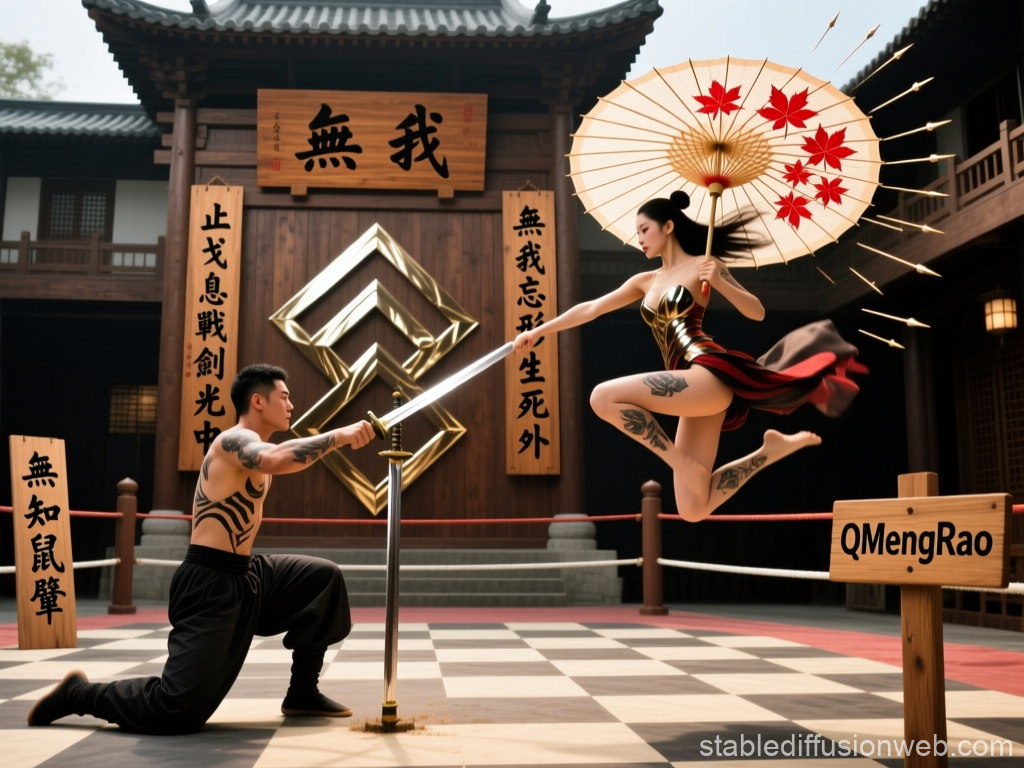 Dynamic Martial Arts Duel in Traditional Japanese Setting