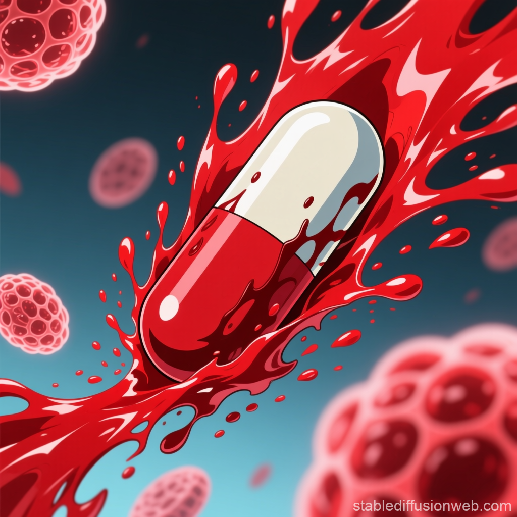 Dynamic Red and White Capsule Splashing Through Abstract Cells