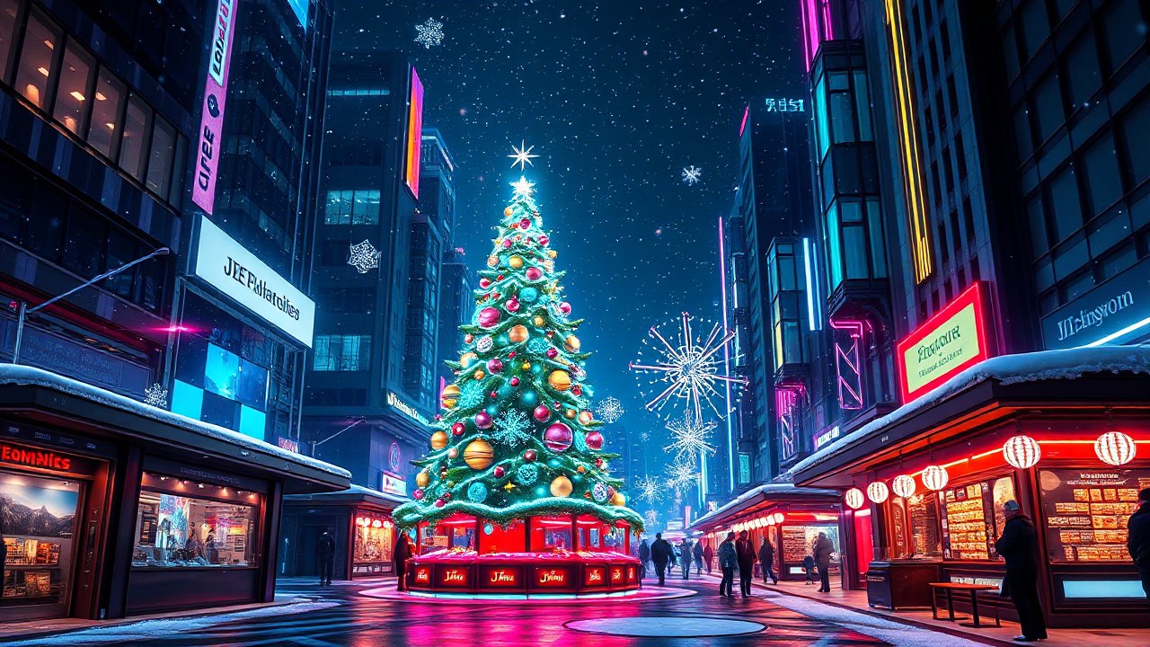 Dynamic Sci-Fi Christmas Tree in Futuristic Cityscape