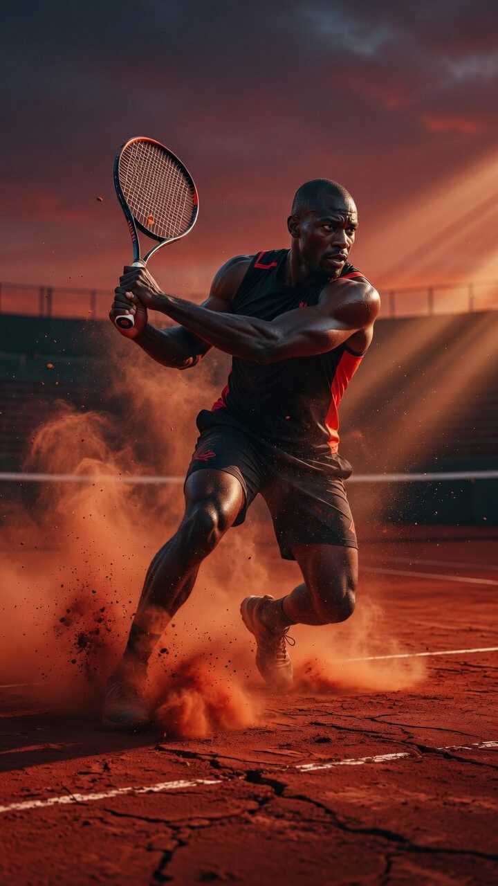 Dynamic Tennis Player in Action on Clay Court