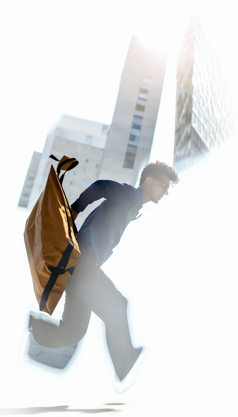 Dynamic Urban Runner Carrying Large Bag in Bright Cityscape